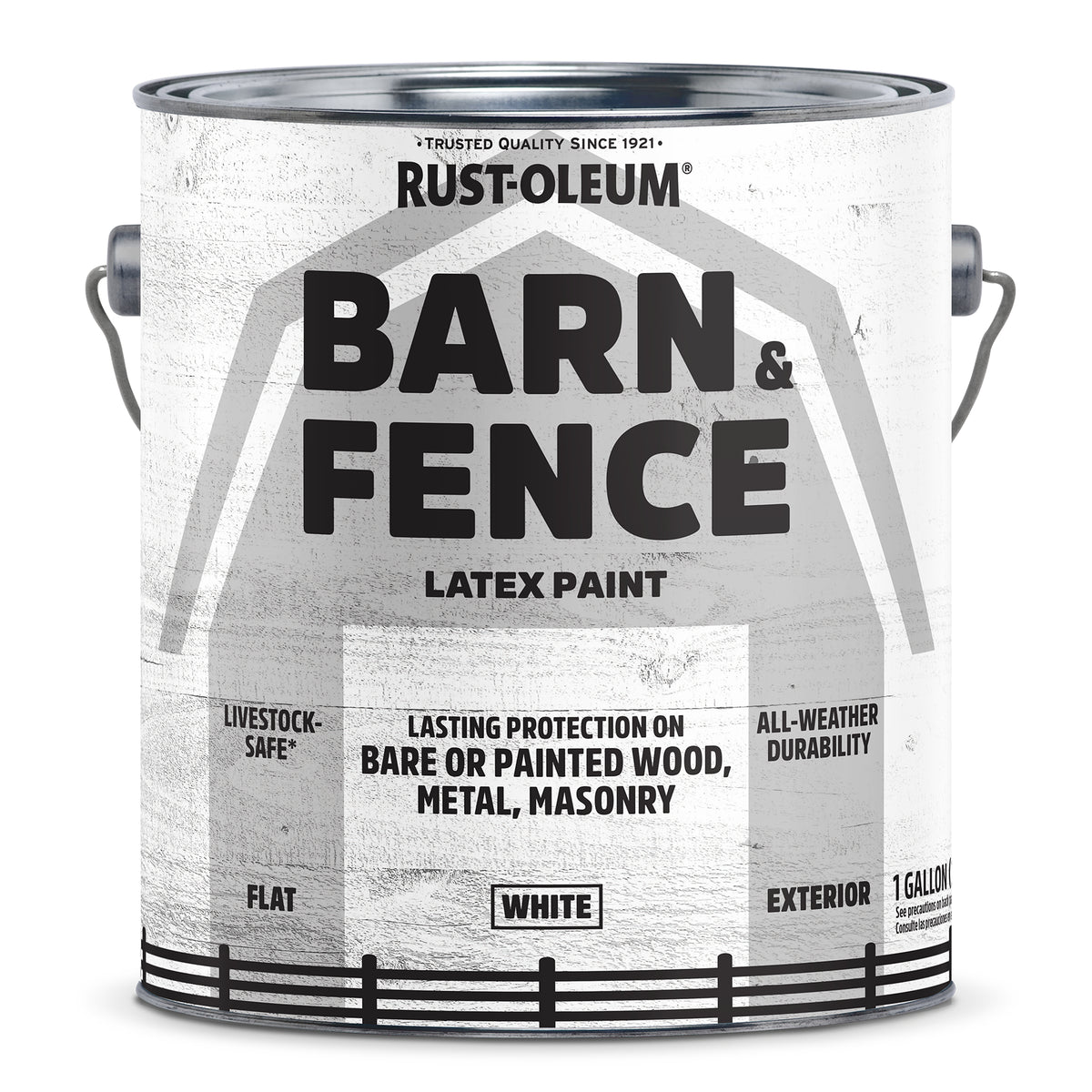 A 1 gallon can of Rust-Oleum Barn & Fence Latex Paint, White, shown on a clean white background. The can features a rustic white and gray label with black text and a fence graphic at the bottom.