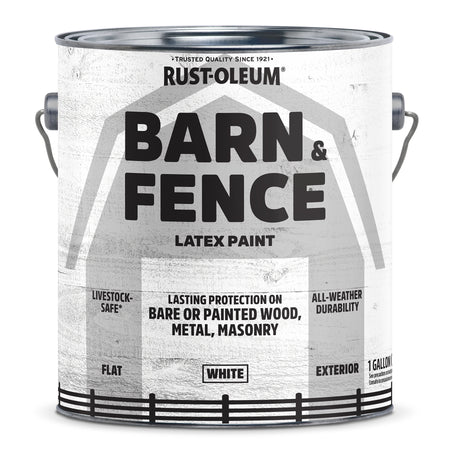 A 1 gallon can of Rust-Oleum Barn & Fence Latex Paint, White, shown on a clean white background. The can features a rustic white and gray label with black text and a fence graphic at the bottom.