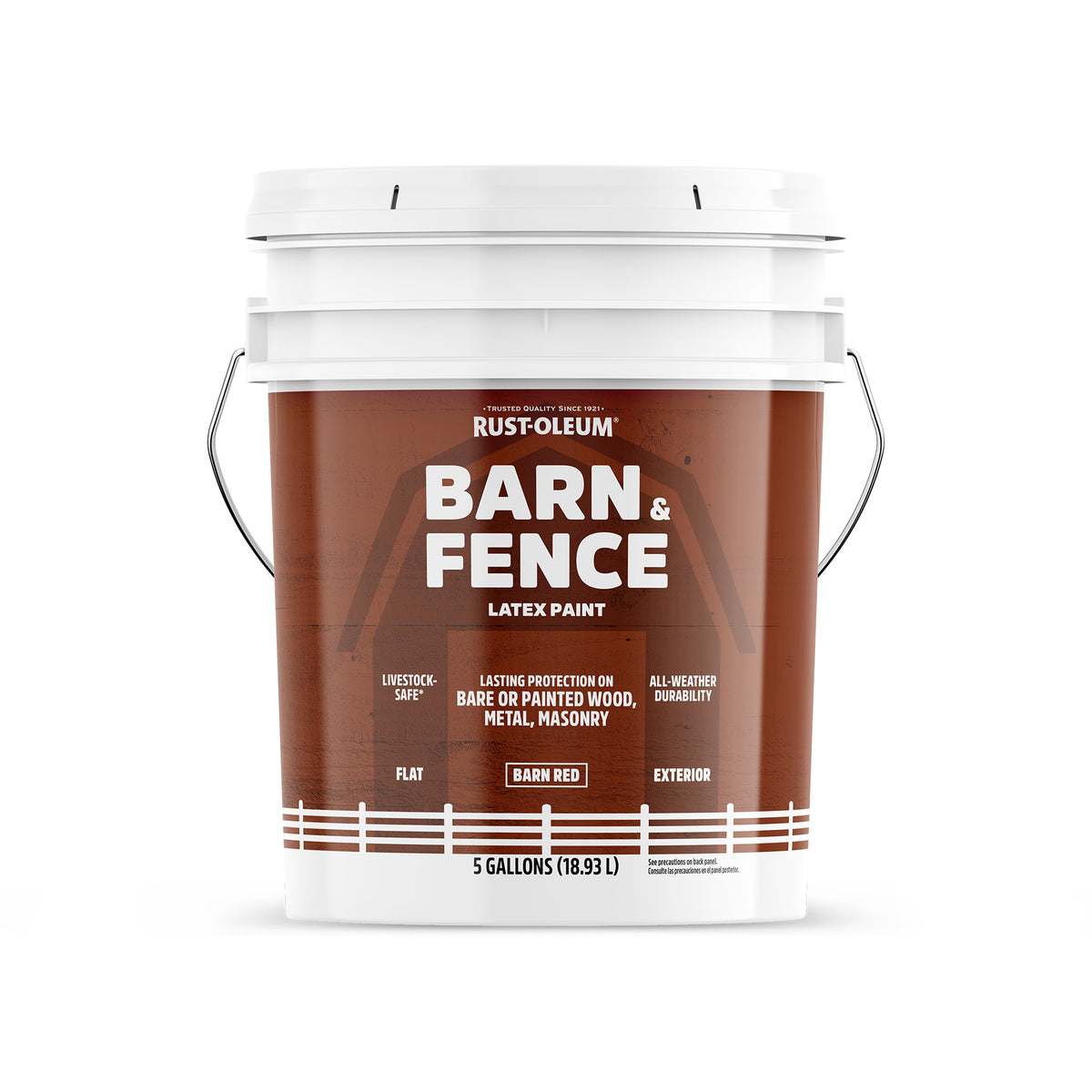 A 5-gallon bucket of Rust-Oleum Barn & Fence Latex Paint in 'Barn Red', featuring a brown label with white text and a white bucket with metal handles, set against a plain white background.