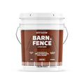 A 5-gallon bucket of Rust-Oleum Barn & Fence Latex Paint in 'Barn Red', featuring a brown label with white text and a white bucket with metal handles, set against a plain white background.