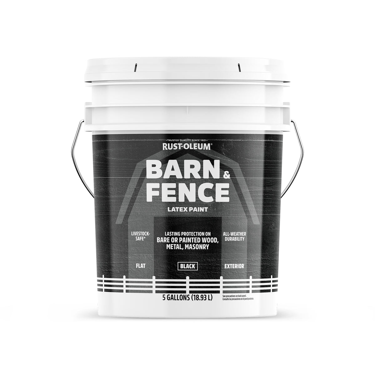 A 5-Gallon pail of  Rust-Oleum Barn & Fence Latex Paint in Black, set against a plain white background.