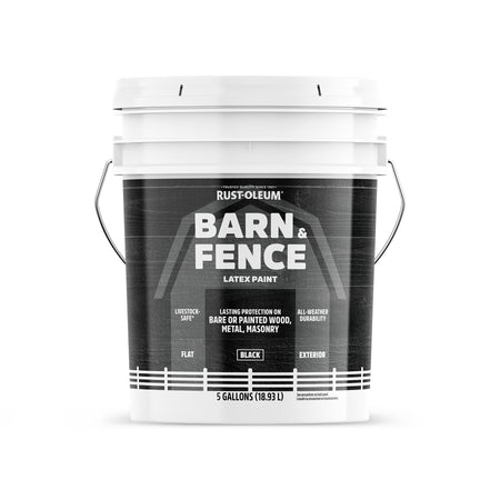 A 5-Gallon pail of  Rust-Oleum Barn & Fence Latex Paint in Black, set against a plain white background.