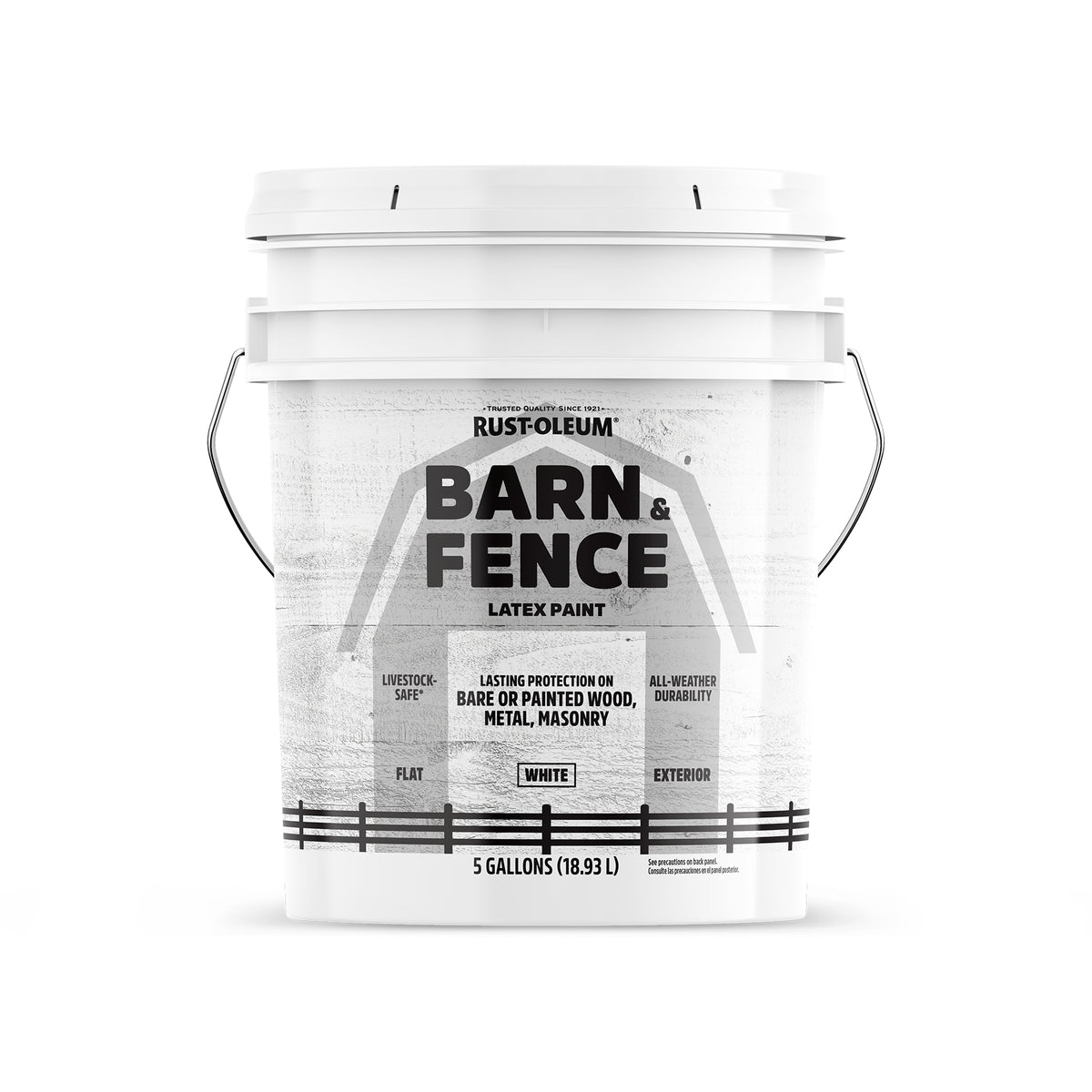 A 5-gallon bucket labeled Rust-Oleum Barn & Fence Latex Paint in the color white, on a clean white background.