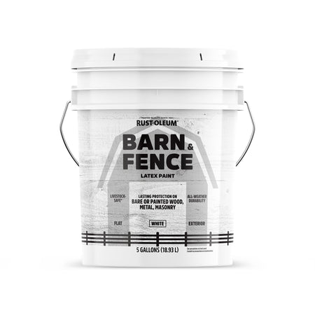 A 5-gallon bucket labeled Rust-Oleum Barn & Fence Latex Paint in the color white, on a clean white background.