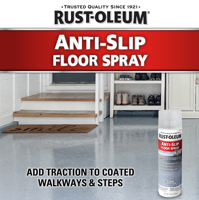 Rust-Oleum Anti-Slip Floor Spray canister shown next to a before-and-after entryway scene with a wet, slippery floor and a dry, gripped floor on wooden steps.