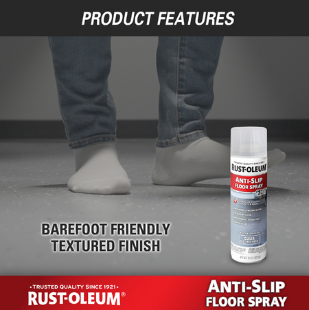 Rust-Oleum Anti-Slip Floor Spray canister shown next to a grayscale photo of bare feet in socks on a textured floor, with text reading 'Product Features' and 'Barefoot Friendly Textured Finish'.