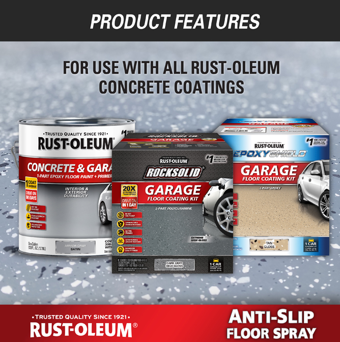 Rust-Oleum garage floor coating kit featuring a can of Concrete & Garage Paint, a box of Rocksolid Garage Floor Coating Kit, and a box of Epoxy Garage Floor Coating Kit, with text reading 'Product Features' and 'Anti-Slip Floor Spray' on a concrete-textured background.