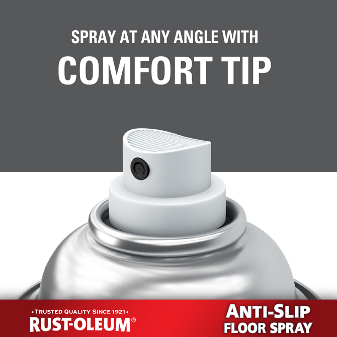Rust-Oleum Comfort Tip anti-slip floor spray nozzle shown on a spray can, with text reading 'SPRAY AT ANY ANGLE WITH COMFORT TIP' and 'ANTI-SLIP FLOOR SPRAY' on a gray, white, and red graphic background.