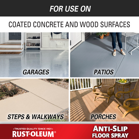 Rust-Oleum Anti-Slip Floor Spray product graphic showing four application examples: garages, patios, steps & walkways, and porches, with the text 'FOR USE ON COATED CONCRETE AND WOOD SURFACES'.