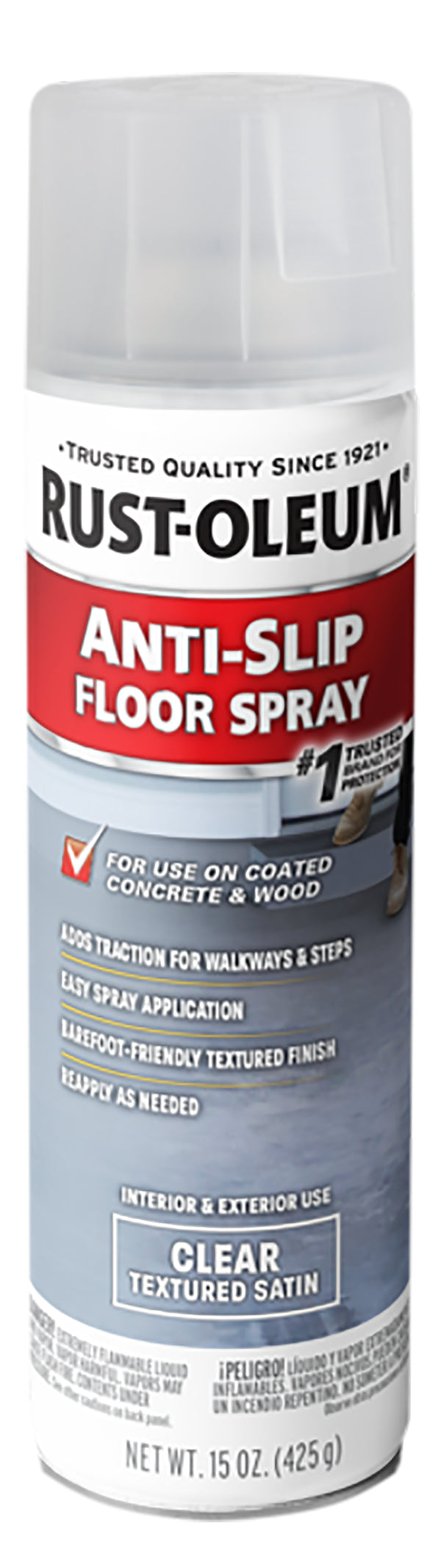 Rust-Oleum Anti-Slip Floor Spray can in clear textured satin finish, with a white cap and a label featuring red, white, and gray sections.