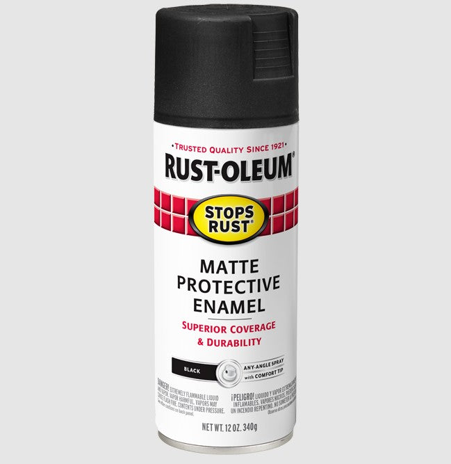 A can of Rust-Oleum Stops Rust Matte Protective Enamel spray paint in black, shown on a light gray background.