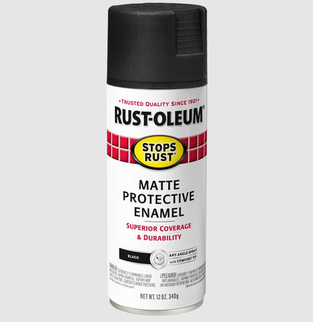 A can of Rust-Oleum Stops Rust Matte Protective Enamel spray paint in black, shown on a light gray background.