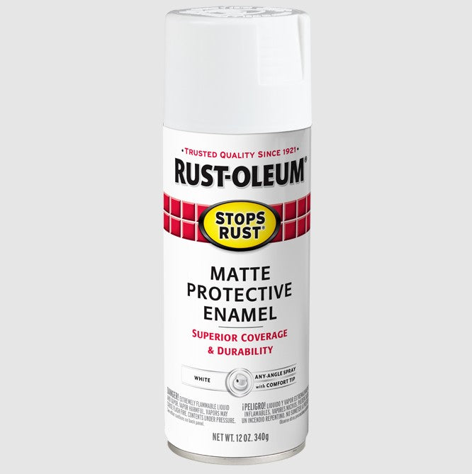 A can of Rust-Oleum Stops Rust Matte Protective Enamel spray paint in white, shown on a light gray background.
