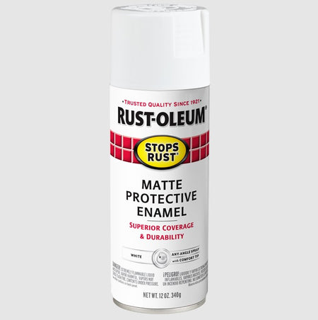 A can of Rust-Oleum Stops Rust Matte Protective Enamel spray paint in white, shown on a light gray background.