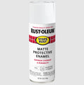 A can of Rust-Oleum Stops Rust Matte Protective Enamel spray paint in white, shown on a light gray background.
