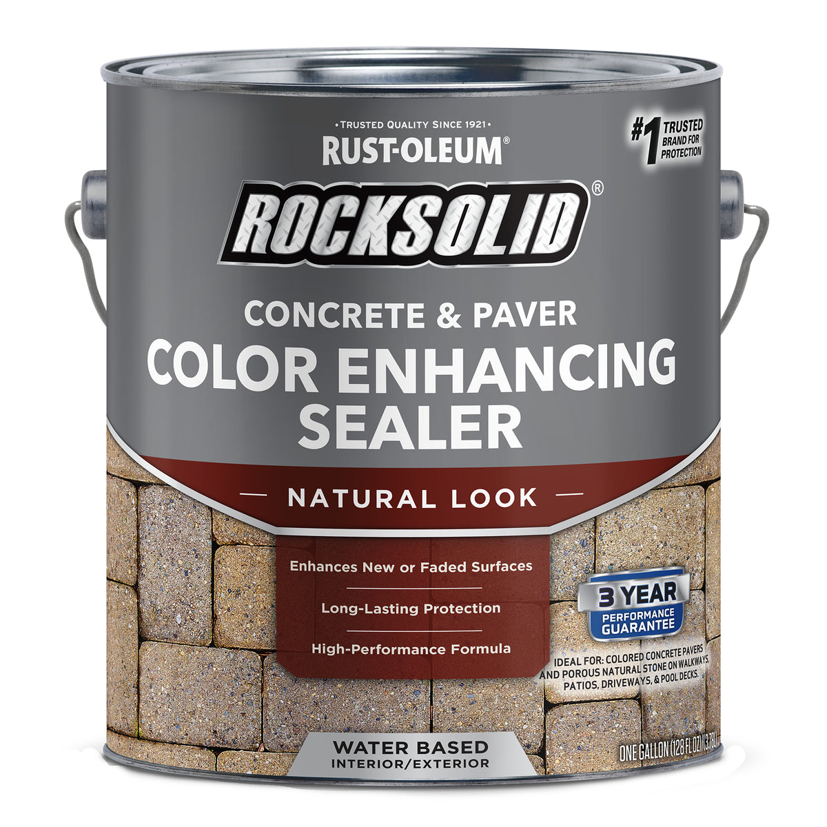 A gallon can of Rust-Oleum RockSolid Concrete & Paver Color Enhancing Sealer in the Natural Look color, shown against a plain white background.