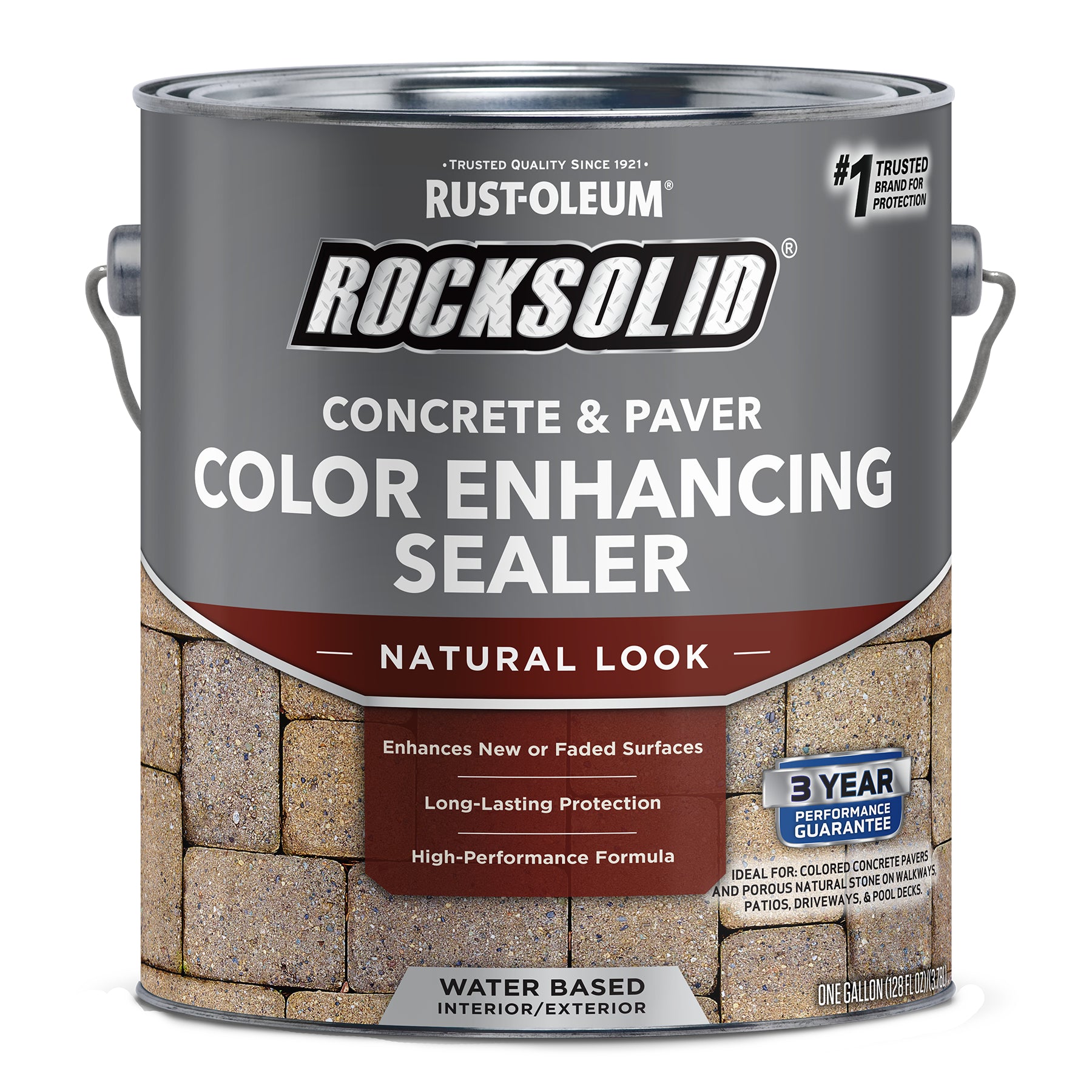 A gallon can of Rust-Oleum RockSolid Concrete & Paver Color Enhancing Sealer in the Natural Look color, shown against a plain white background.