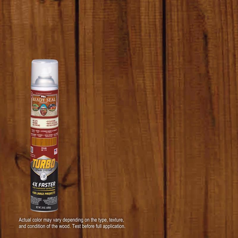 Can of Ready Seal Turbo spray in Pecan color on a wooden surface