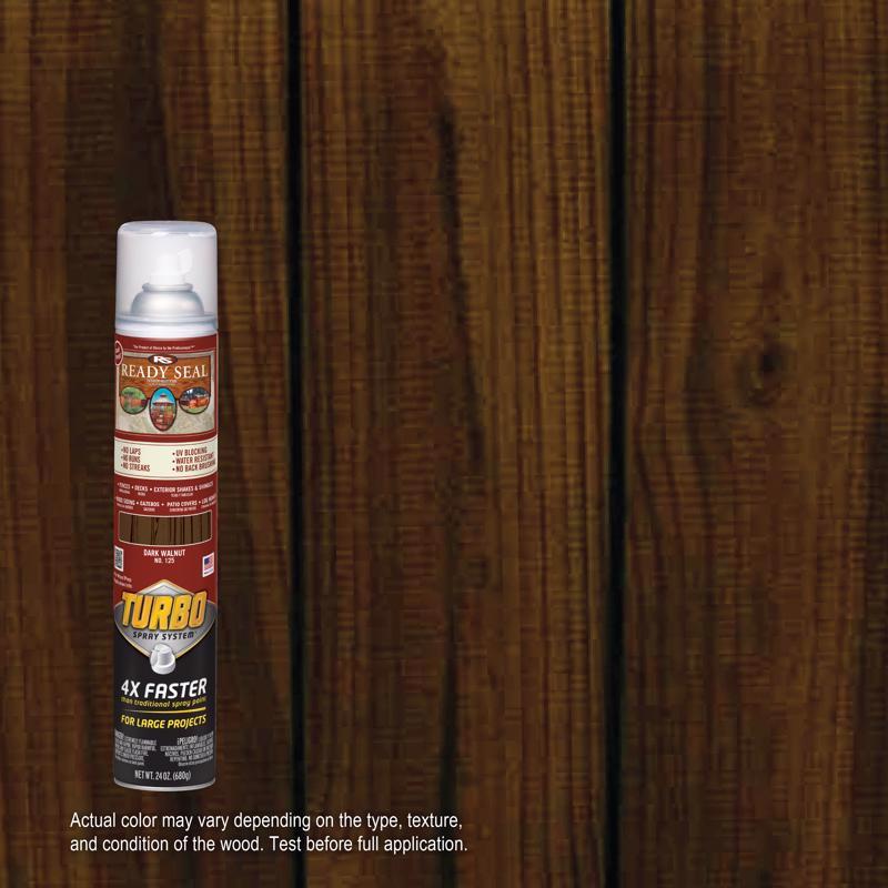 Can of Ready Seal Turbo spray paint in dark walnut against a wooden background