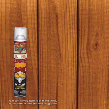 Can of Ready Seal Turbo spray in Natural Cedar against a wooden background