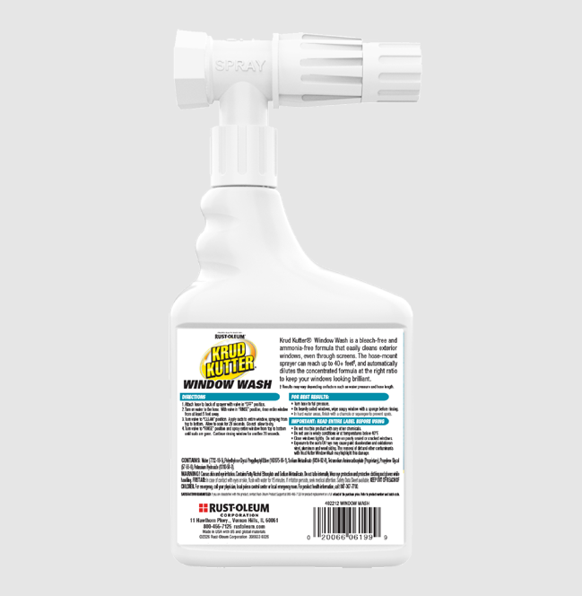Rust-Oleum Kruzbullt Window Wash spray bottle shown from the back, featuring a white plastic bottle and nozzle with a detailed white label containing product information.