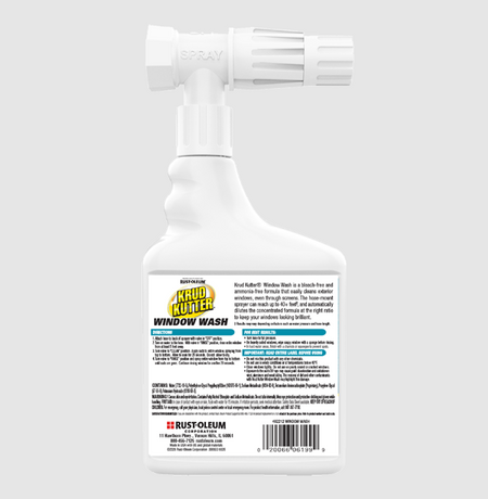 Rust-Oleum Kruzbullt Window Wash spray bottle shown from the back, featuring a white plastic bottle and nozzle with a detailed white label containing product information.
