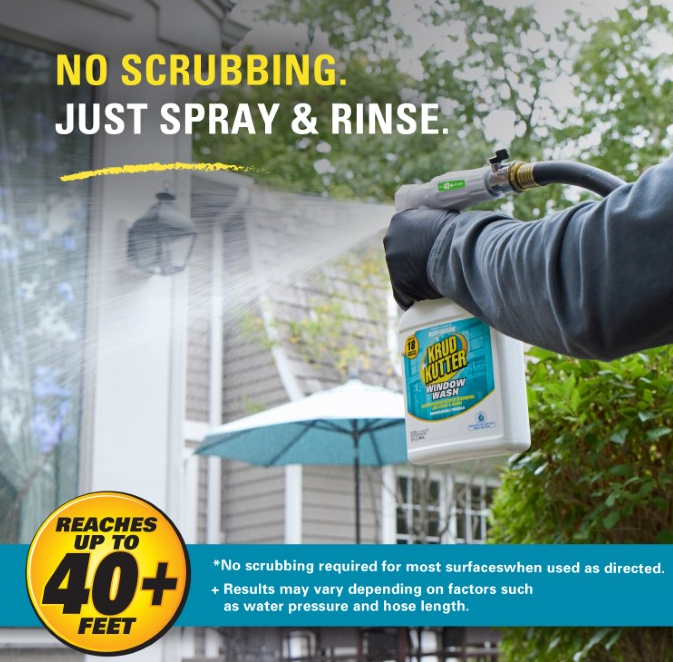 A person wearing a black glove holds a handheld spray nozzle filled with KZL Knockout Acid Wash over a house exterior. The image includes promotional text reading 'NO SCRUBBING.