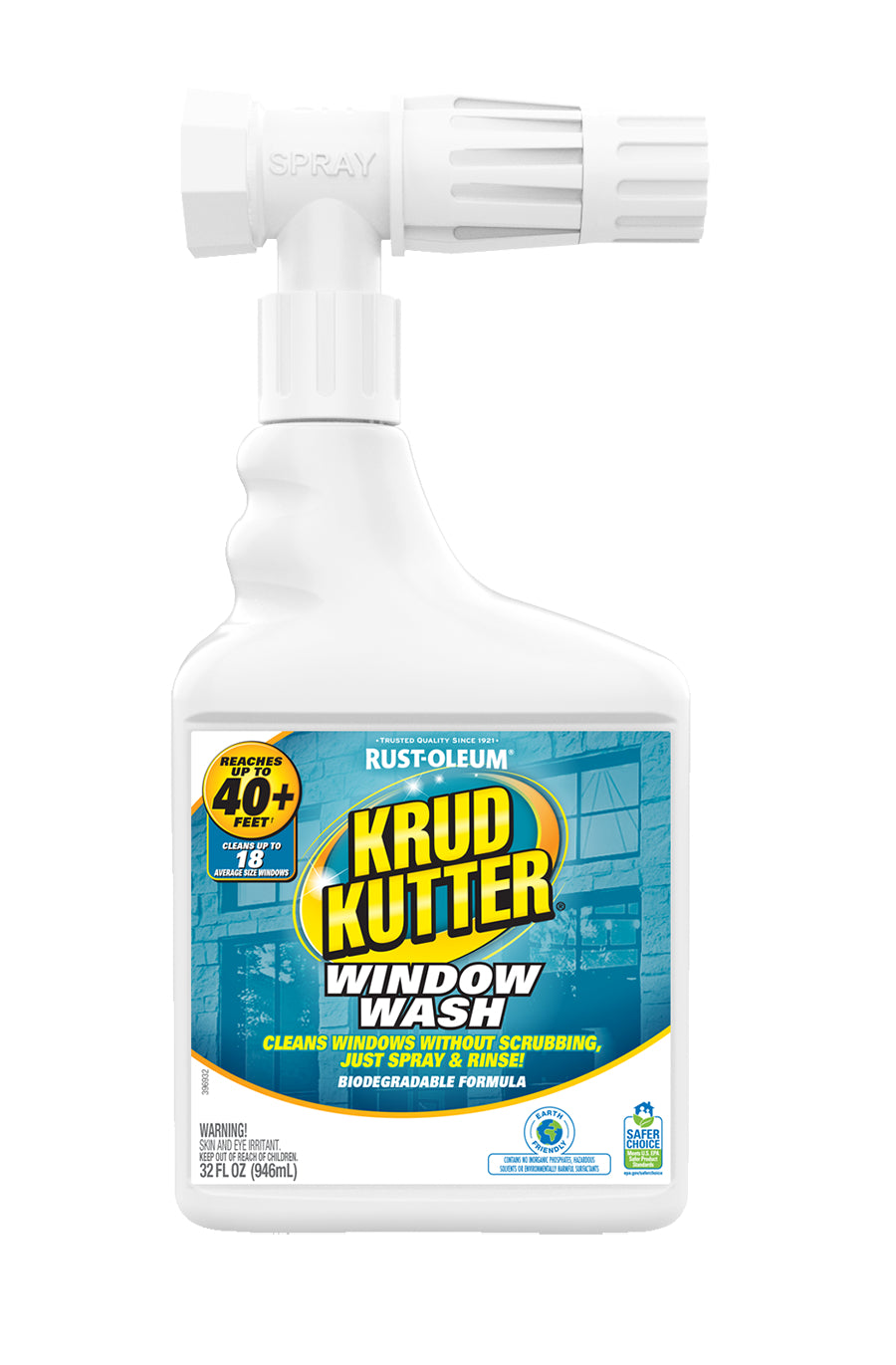A 32 fl oz bottle of Krud Kutter Window Wash by Rust-Oleum, featuring a white plastic spray bottle with a white T-bar wand applicator on top, set against a plain white background.