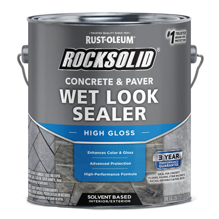 A gallon can of Rust-Oleum RockSolid Concrete & Paver Wet Look Sealer in High Gloss, featuring a gray and blue label with a stone pattern at the bottom.