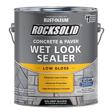 A gallon or RockSolid Concrete Paver & Wet Look Sealer in low gloss finish on a white background.