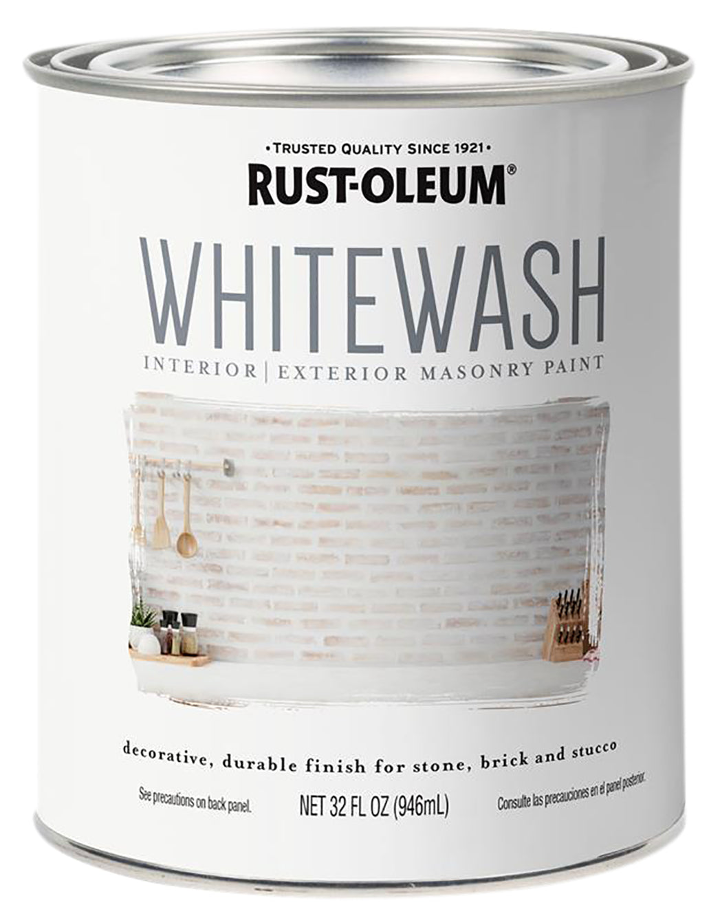 A 32 fl oz can of Rust-Oleum Whitewash Interior/Exterior Masonry Paint, featuring a white label with gray text and a photo of a whitewashed brick wall.