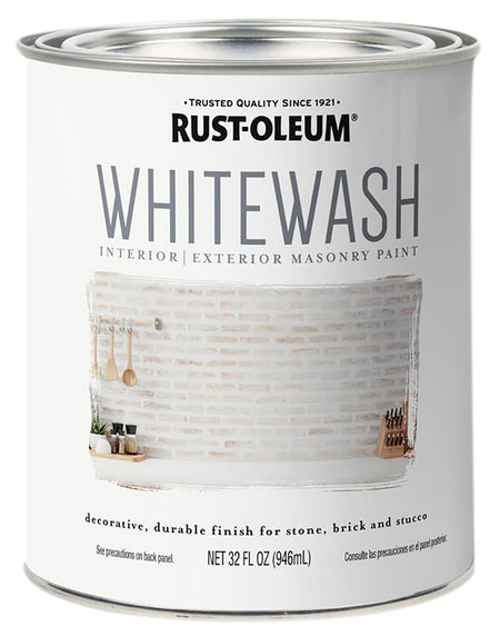 A 32 fl oz can of Rust-Oleum Whitewash Interior/Exterior Masonry Paint, featuring a white label with gray text and a photo of a whitewashed brick wall.