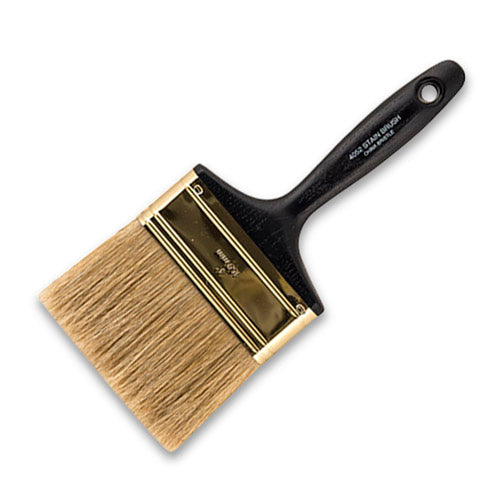 Wooster 4" Oil Stain Brush 4052 on a white background showcasing the square trim and white China bristles.
