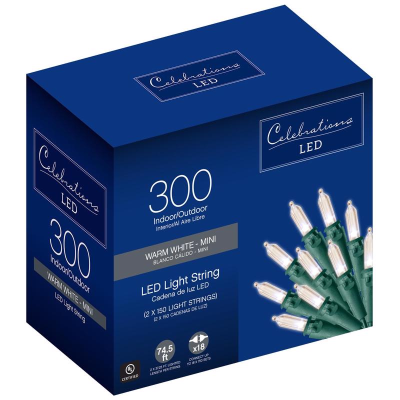 Celebrations LED Mini 300-Count String Christmas Lights 74.5 ft.