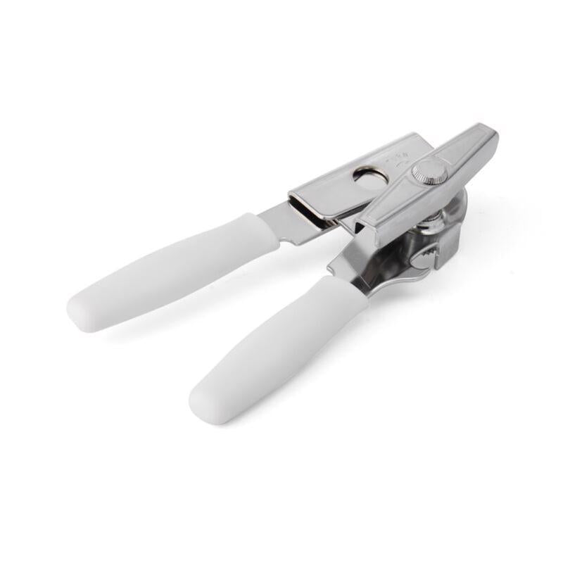 Swing-A-Way White Steel Manual Can Opener 407WH with white handles on a white background