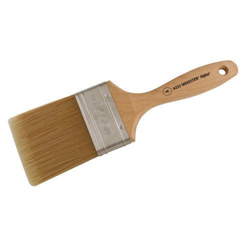 Wooster ALPHA Varnish Paint Brush 4233 with Micro Tip filament bristles and sealed maple wood handle.