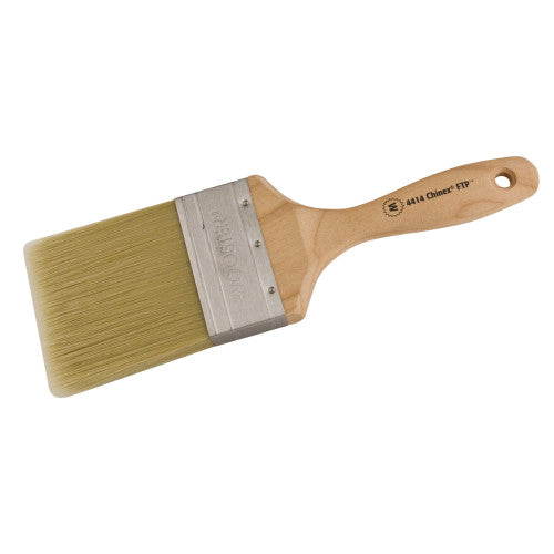 A close-up image of the Wooster 4414 Chinex FTP Wall Paint Brush showcasing its durable white DuPont™ Chinex bristles, sealed maple wood handle, and stainless steel ferrule.