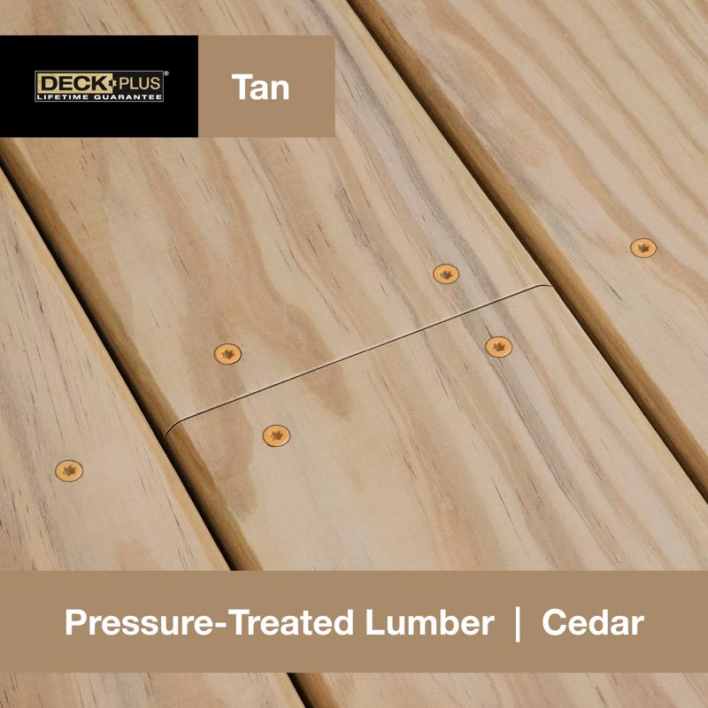 Tan pressure-treated cedar lumber with Hillman Deck Plus screws, featuring the Deck Plus brand.