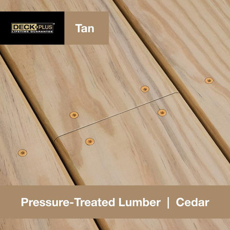 Tan pressure-treated cedar lumber with Hillman Deck Plus screws, featuring the Deck Plus brand.