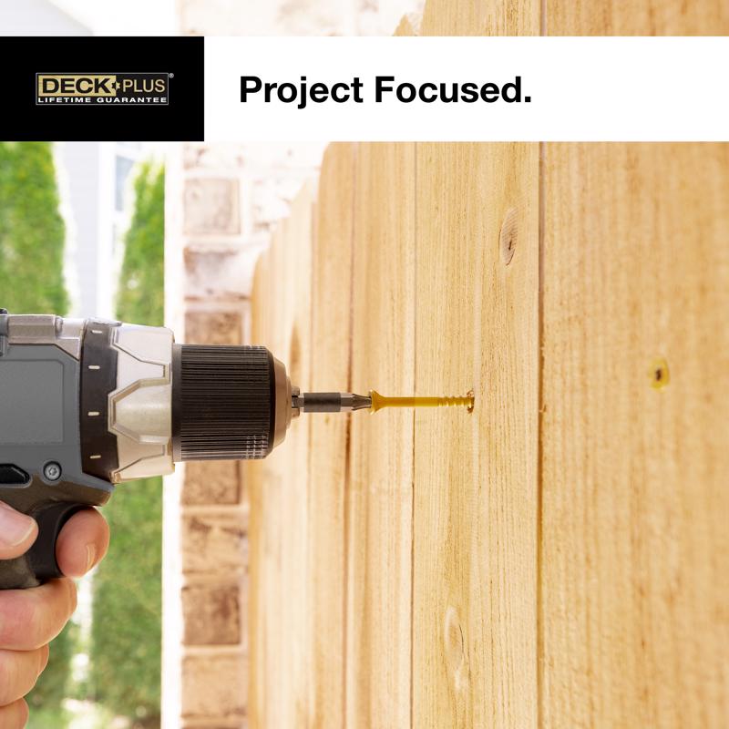 Person using a drill to work on wooden planks with 'DECK Plus' branding.