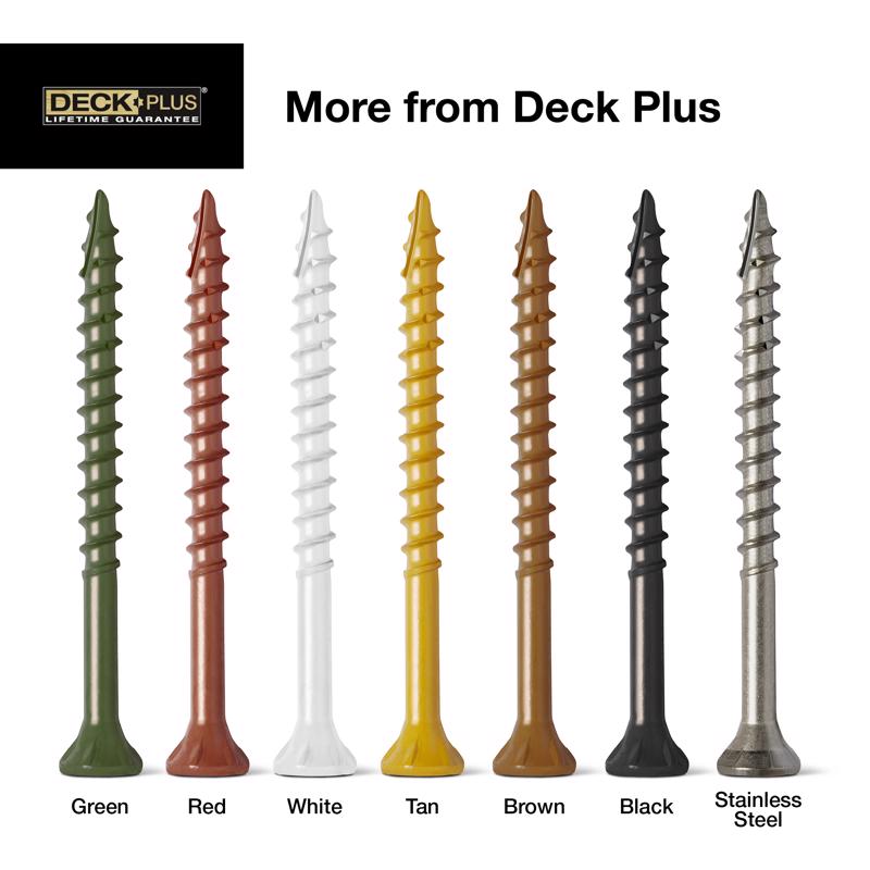 Set of screws in various colors with Deck Plus branding.