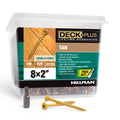 Hillman Deck Plus 48414 screws in a clear container with packaging showing product details.