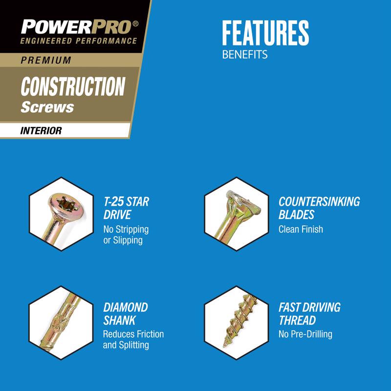 Hillman Power Pro 48583V4 construction screws features and benefits on a blue background