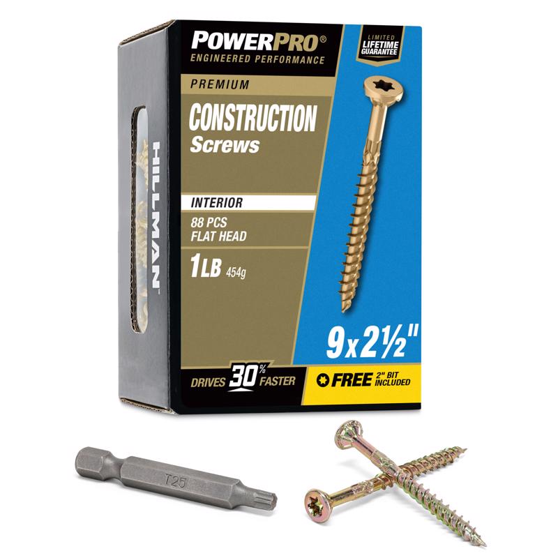 Box of Hillman Power Pro 48583V4 construction screws with a screw and drill bit on a white background