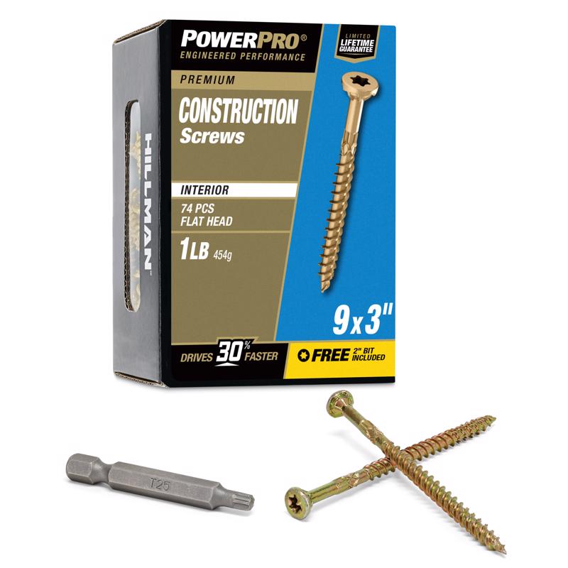 Hillman Power Pro 48584V4 construction screws packaging with screws and drill bit on a white background