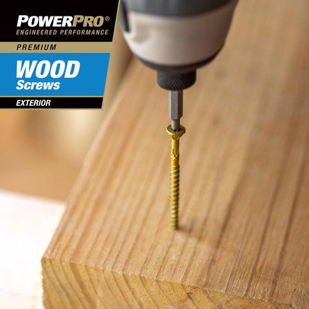 Hillman Power Pro 48597V4 wood screw being driven into a piece of wood with branding visible.