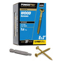 Box of Hillman Power Pro 48597V4 wood screws with screws and drill bit on a white background