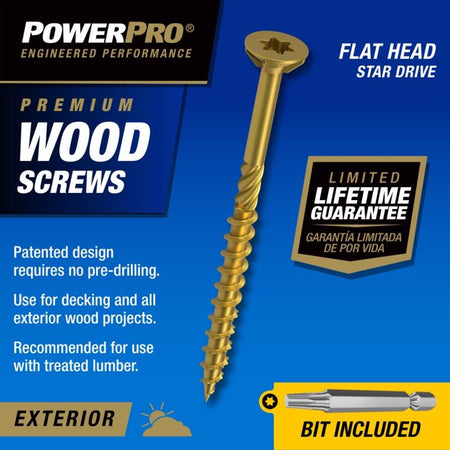 PowerPro premium wood screws with a blue background and product details.