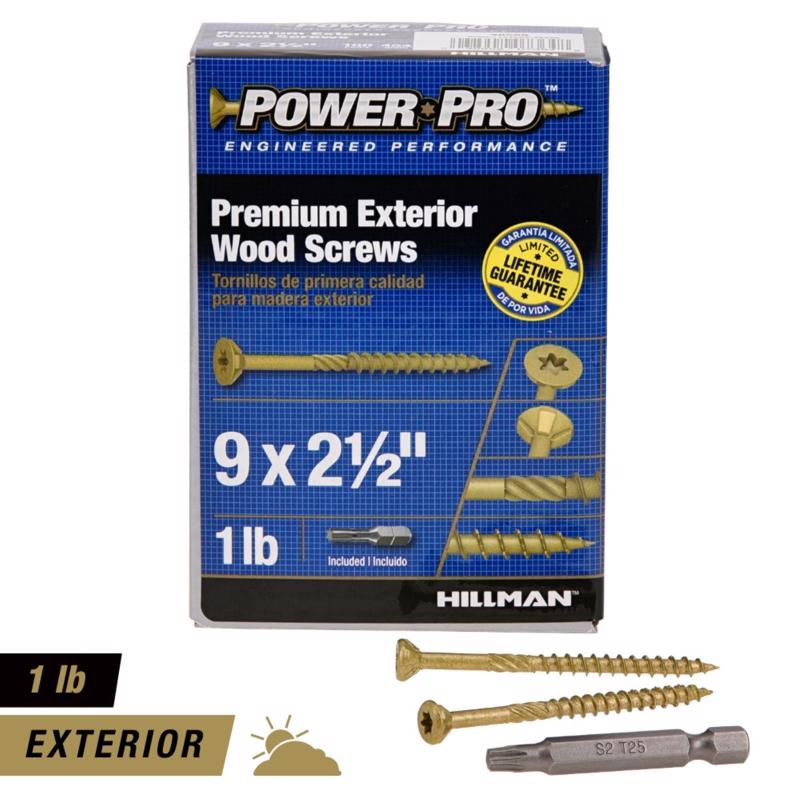 Box of Hillman Power Pro 48599V4 premium exterior wood screws with screws and drill bit displayed below.