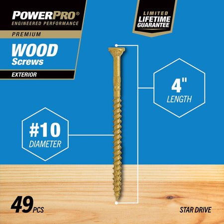 Hillman Power Pro 48604V4 wood screw with specifications on a blue background